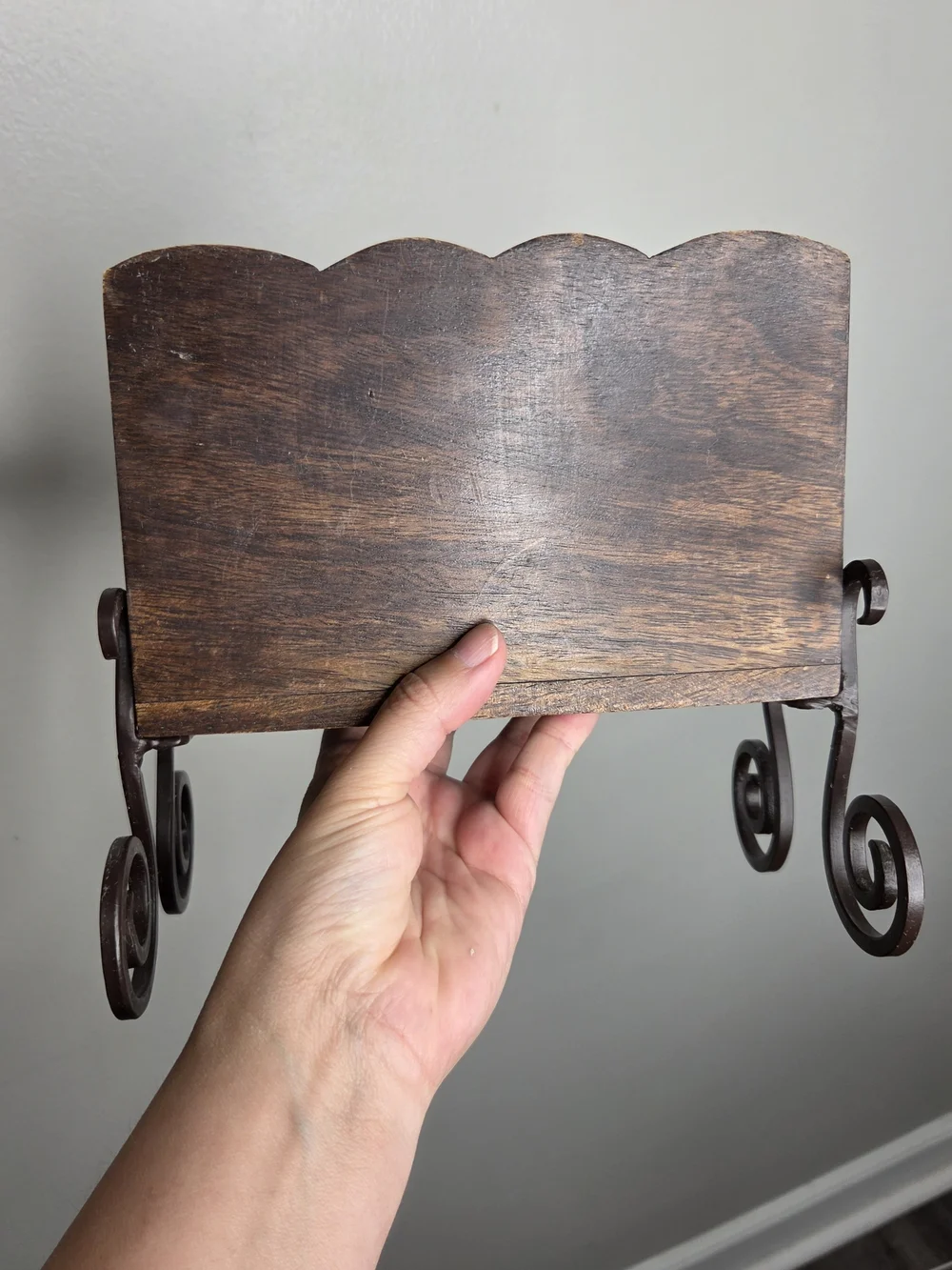 Vintage Wooden Desk Top Or Napkin Holder Scrolled Iron Legs
